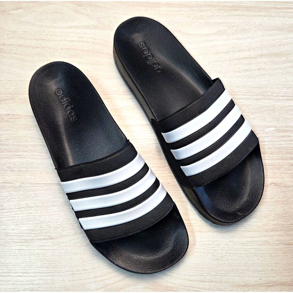 Adidas Men's Black White 3-Stripe Adilette Slide Sandals Logo Slip On Size 14